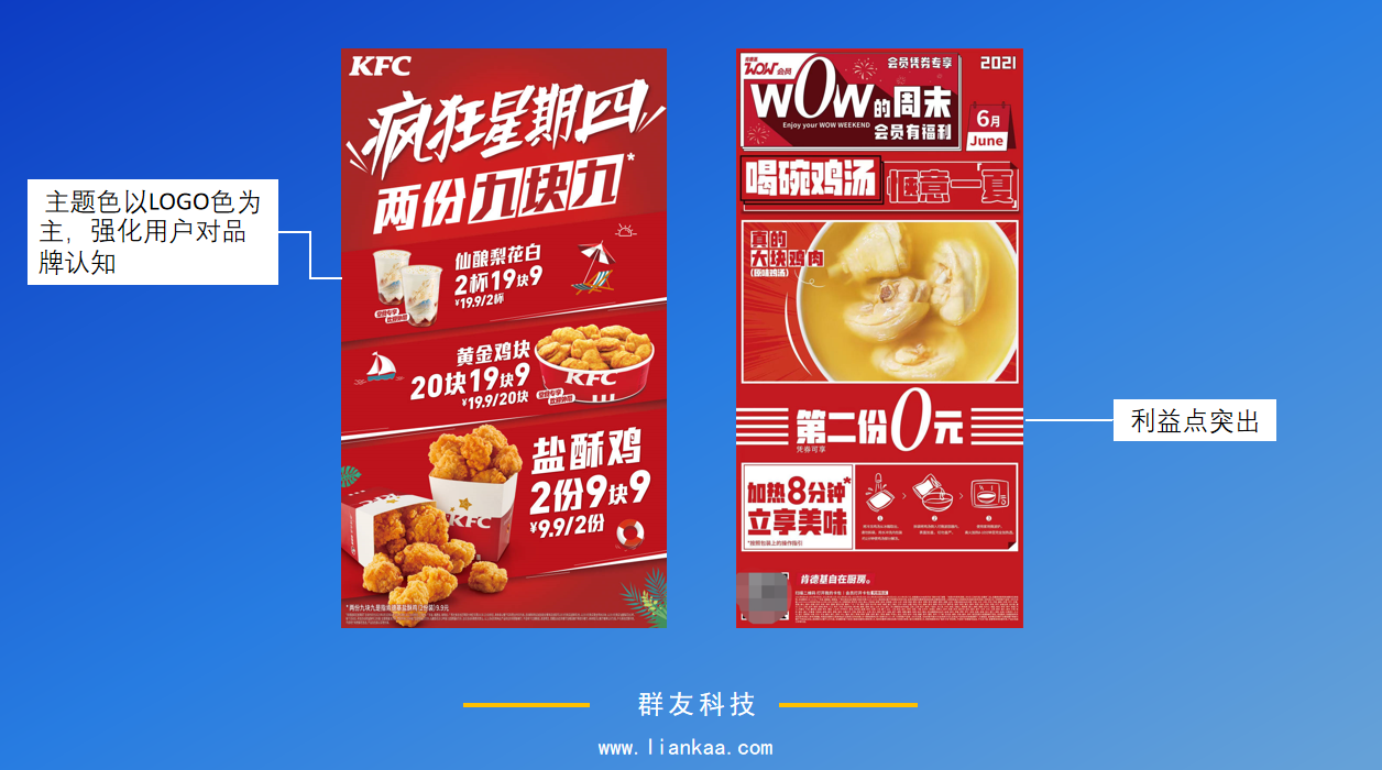 肯德基所有的海报都以logo色为主,契合品牌调性,给用户塑造品牌认知.