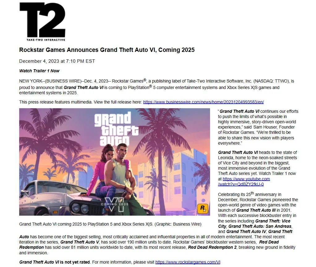 游戏圈紫微星终于现真身！《GTA6》官宣2025年发售