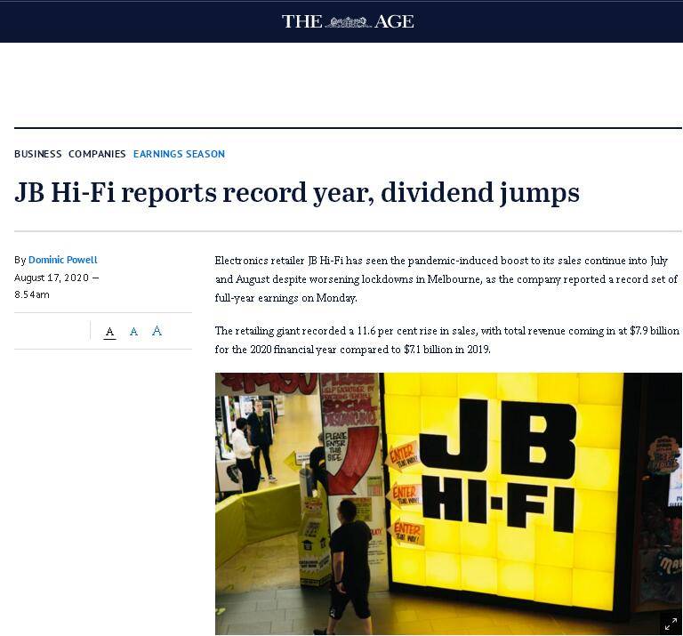 JBHI-FI澳大利亚零售商（澳大利亚电子零售商年收入破纪录提高分红）