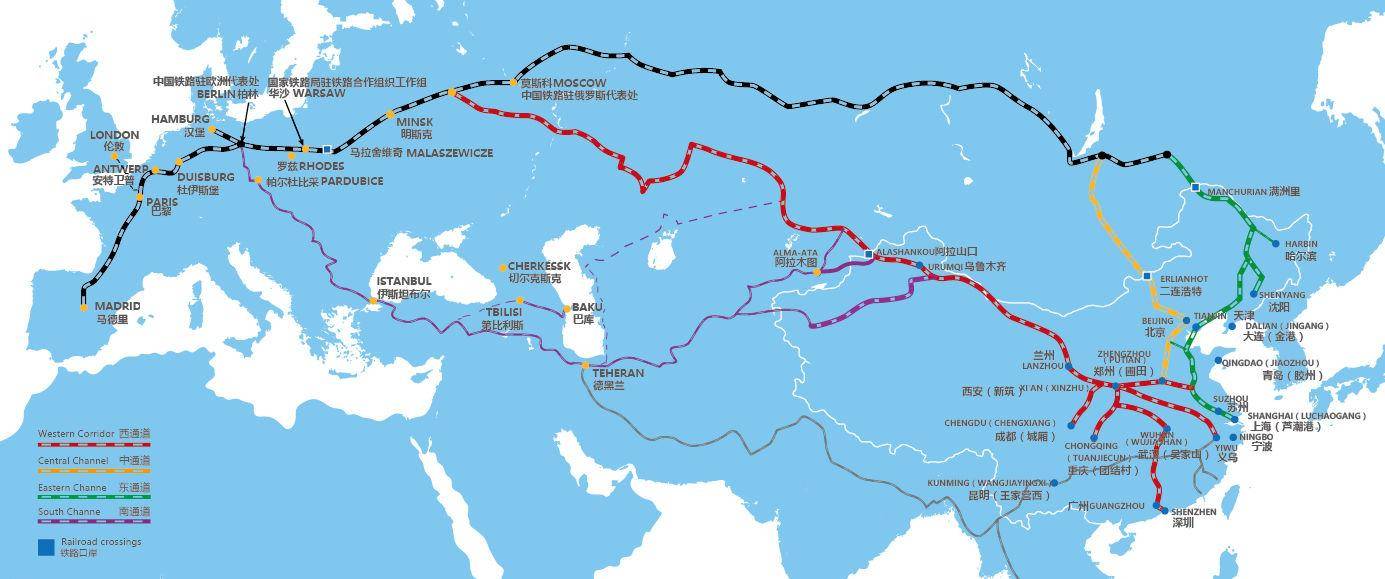 中欧班列路线图全程，阿拉山口 霍尔果斯 二连浩特 满洲里